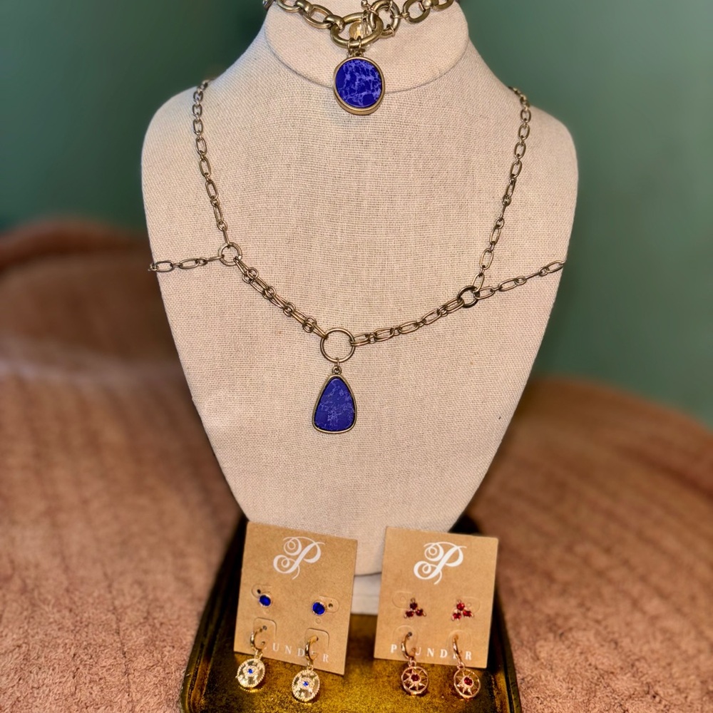 Blue & Gold Chunky Link Jewelry Set: Matching Necklace, Bracelet, Earrings
